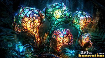 Stained colored glass mushrooms shine with blue and yellow light in a dark forest