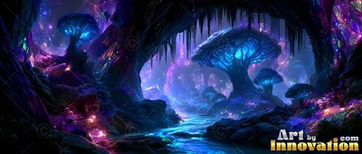Inside a shadowy cave, giant blue mushrooms rise along a blue stream