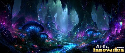 Winding through a dark cavern, a blue stream flows past bright purple mushrooms