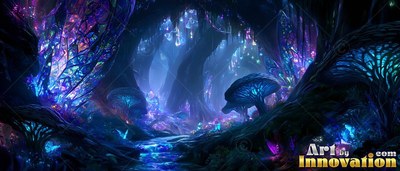 Mushrooms and twisted trees in a dark blue forest