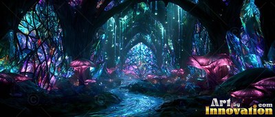Leaded glass caver ns open over purple mushrooms with bright turquoise light
