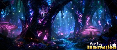 Arching upward, dark trees line a forest stream with purple mushrooms