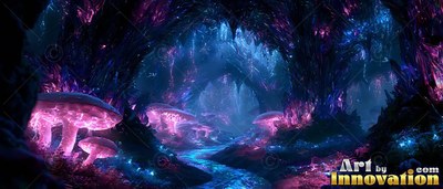 Pink mushrooms light a dark crystal cave with a blue stream running through it