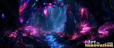 In a dark crystal cave, pink mushrooms grow along a bright blue stream