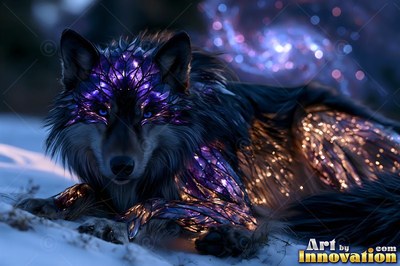 Lying in the snow, a dark wolf has bright purple crystals across its fur