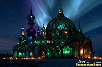 Green stained glass cathedral under northern lights