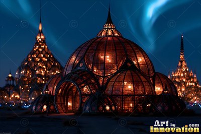 Rounded glass domes with warm lights stand under a night sky with blue auroras