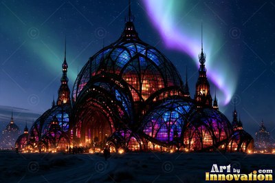 A glass palace stands in the dark beneath a purple and green aurora