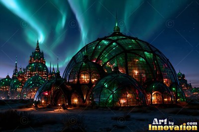 Low view of large glass domes resting on a plain under green northern lights