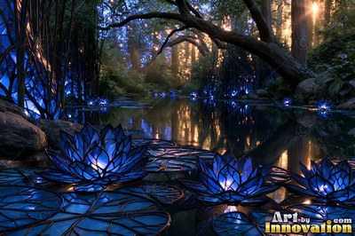 Blue stained glass lotus flowers float on a dark forest stream