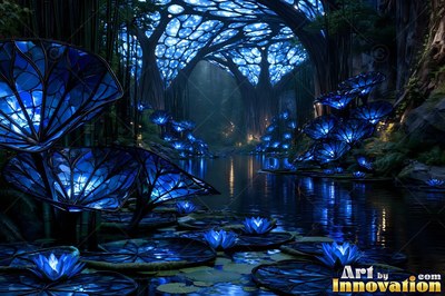 In a dark forest river, blue glass water lilies and arched trees shine bright