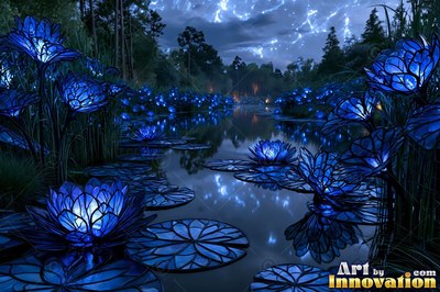 Floating in a pond under night lightning, blue glass water lilies shine light