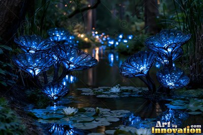 Blue dotted flower plants shining over dark pond water