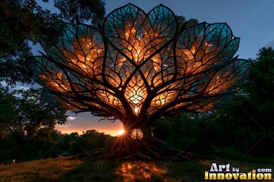 Amber light shines through teal glass petals on a large tree in a dark field