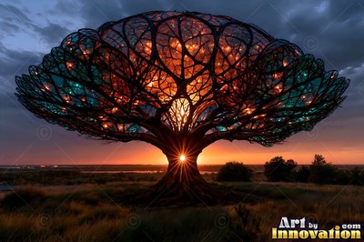 A wide tree spreads over a grassy field, lit from within by orange sunset light