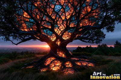 Spreading wide on a grassy hilltop, a tree shines with orange and blue glass