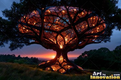 A broad stained glass tree shines with warm orange light at sunset