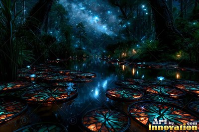 In a dark forest river, colored glass lily pads float under blue starlight