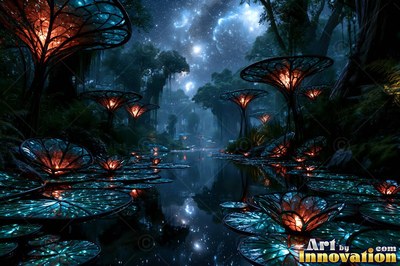 Shining in the dark, warm orange mushroom lamps rise from calm blue water in a forest