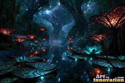 Luminous orange mushrooms line dark water filled with blue lily pads