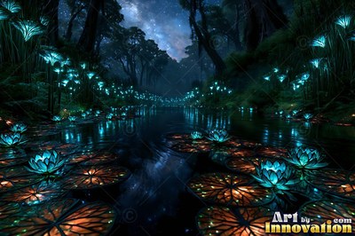 Bright blue water lilies float on a dark river lined with tall night trees