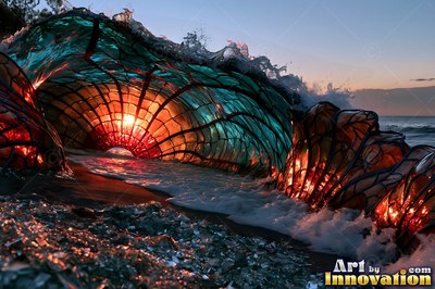 A stained glass wave curls over a beach, lit from inside by warm orange light