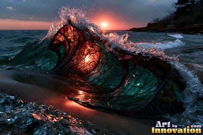 Curling onto a sandy shore, a mosaic glass wave catches sunset light