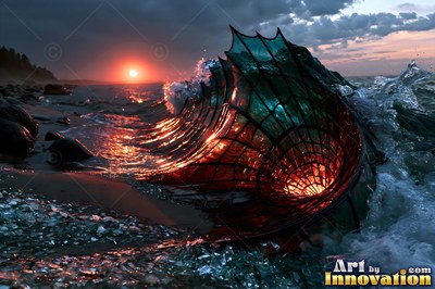 A dark glass wave crashes on a sandy beach under an orange sunset