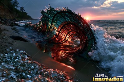 On a sunset beach, an ocean wave made of mosaic glass curls onto wet sand
