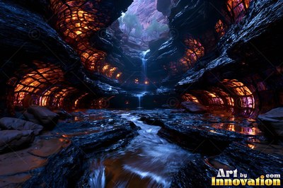 Flowing into a dim cave, a blue stream passes under orange lattice tunnels