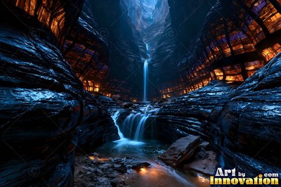 A waterfall flows through dark rock canyon walls lit in orange