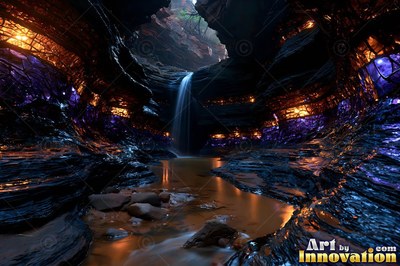 A narrow waterfall drops into a dark cavern surrounded by purple and amber glass walls