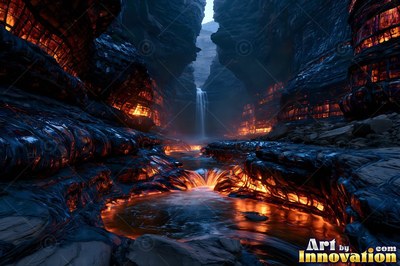 A dark canyon stream flows over rocky pools reflecting bright orange firelight