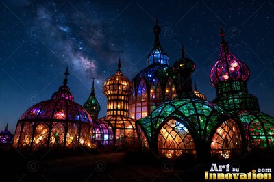 Viewed from a low angle at night, colorful mosaic glass domes sit under stars