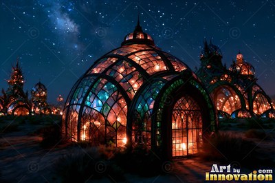A round colored glass dome lit from inside sits under a starry night sky