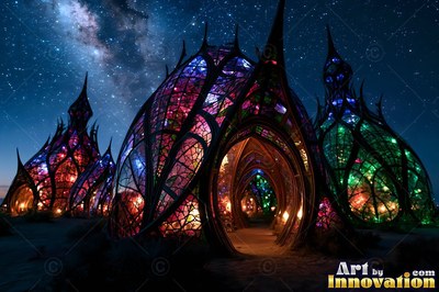 Under a starry night sky, leaded glass pavilions shine in pink and green