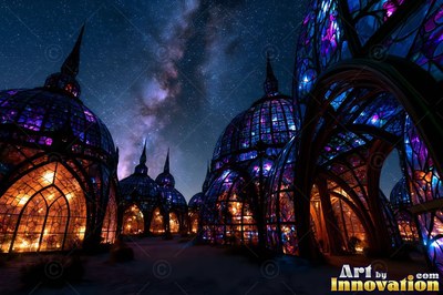 Shining under a starry night sky, colored glass domes light up a dark path