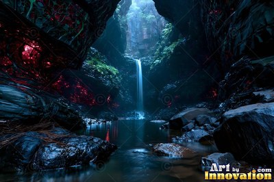 A waterfall spills into a dark rocky pool in a cave with red lights