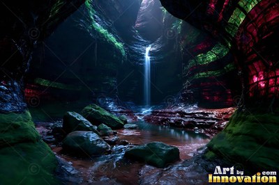 A narrow stream of water falls into a dark cavern pool lined with red and green rock