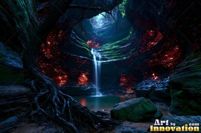 A waterfall cascades into a deep cavern pool beneath soft blue light from above