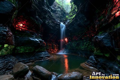 Viewed from low down in a dark gorge, a waterfall spills into a rocky pool