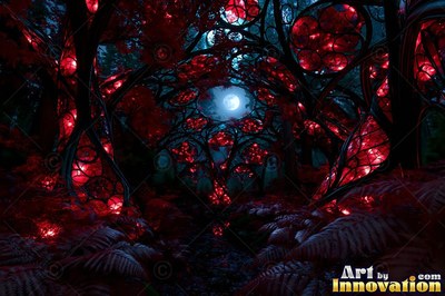 A night forest tunnel of red tinted glass leaves framing a full moon