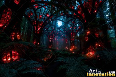 In a dark fern forest, arched glass canopies shine with red light