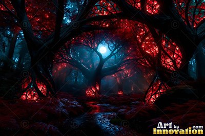 Shining beneath a full moon, dark red trees arch over a forest stream