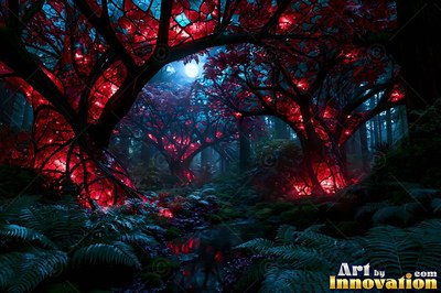 Trees made of red colored glass in a dark forest under a full moon