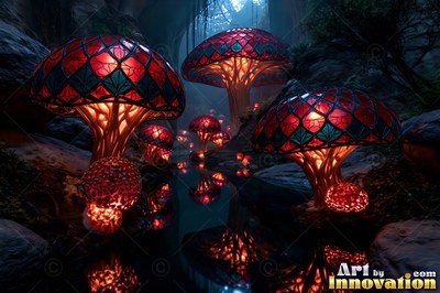 Red and teal glass mushroom caps rise on warm stems beside a cave pool