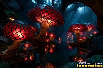 Red glass mushrooms stand beside dark water, shining warm light from inside their caps