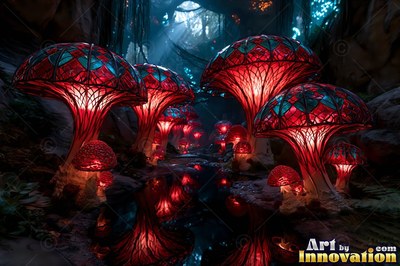 Standing upright in a shadowy cave, tall red stained glass mushrooms shine beside water