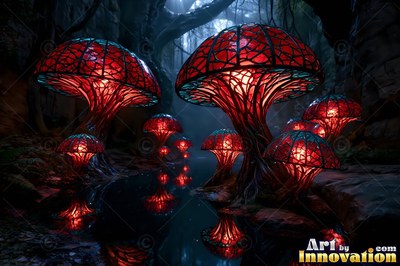 Red stained tinted glass mushrooms light a stream in a dark misty forest