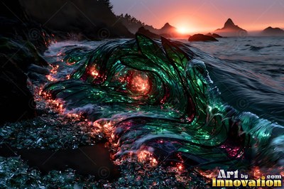 On a rocky beach at sunset, a green wave of glass crashes with bright light inside